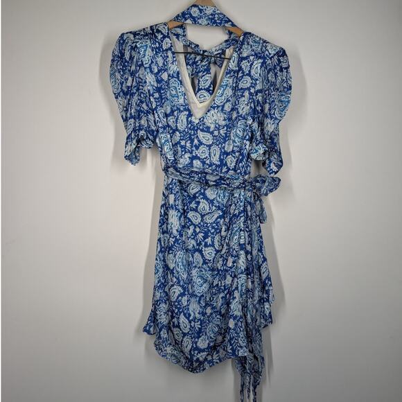 Hemant and Nandita Suho V-Neck Mini Dress Size Small Blue Paisley Preowned - Picture 4 of 12